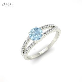 Round Aquamarine Diamond Split Shank Ring In 14k Real Gold Hallmarked Fine Jewelry