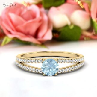 Round Aquamarine Diamond Split Shank Ring In 14k Real Gold Hallmarked Fine Jewelry