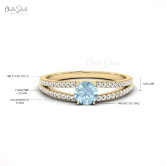 Round Aquamarine Diamond Split Shank Ring In 14k Real Gold Hallmarked Fine Jewelry