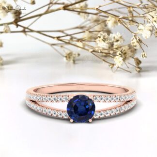 Dual Shank Ring In Pure 14k Gold Blue Sapphire 0.47 Ct Gemstone Diamond Split Shank Ring