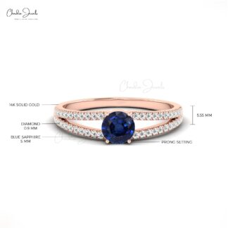 Dual Shank Ring In Pure 14k Gold Blue Sapphire 0.47 Ct Gemstone Diamond Split Shank Ring