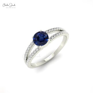 Dual Shank Ring In Pure 14k Gold Blue Sapphire 0.47 Ct Gemstone Diamond Split Shank Ring