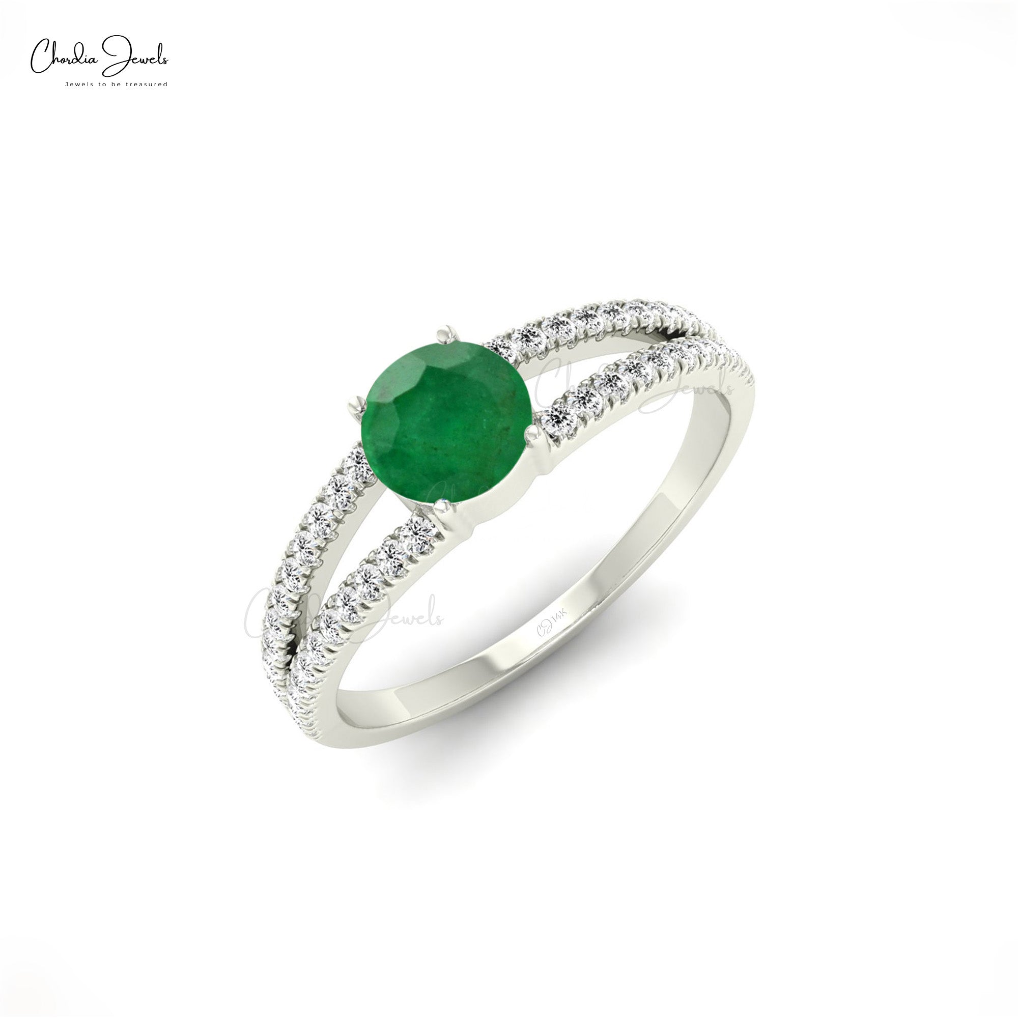 Genuine Round Cut Emerald and Diamond Split Shank Ring14k Solid Gold