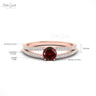 Garnet Solitaire 14k Gold Split Shank Engagement Ring with Diamond Accents