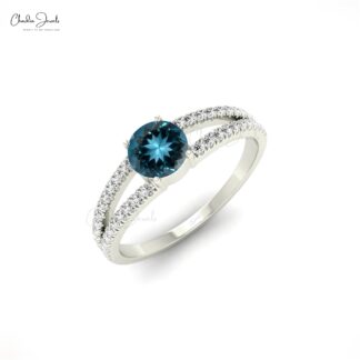 Classic 14k Solid Gold London Blue Topaz Split Shank Engagement Ring For Her