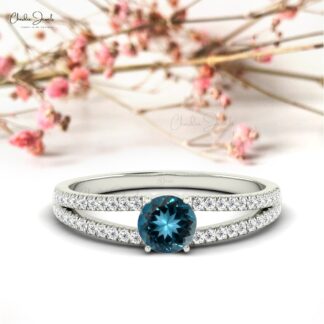 Classic 14k Solid Gold London Blue Topaz Split Shank Engagement Ring For Her