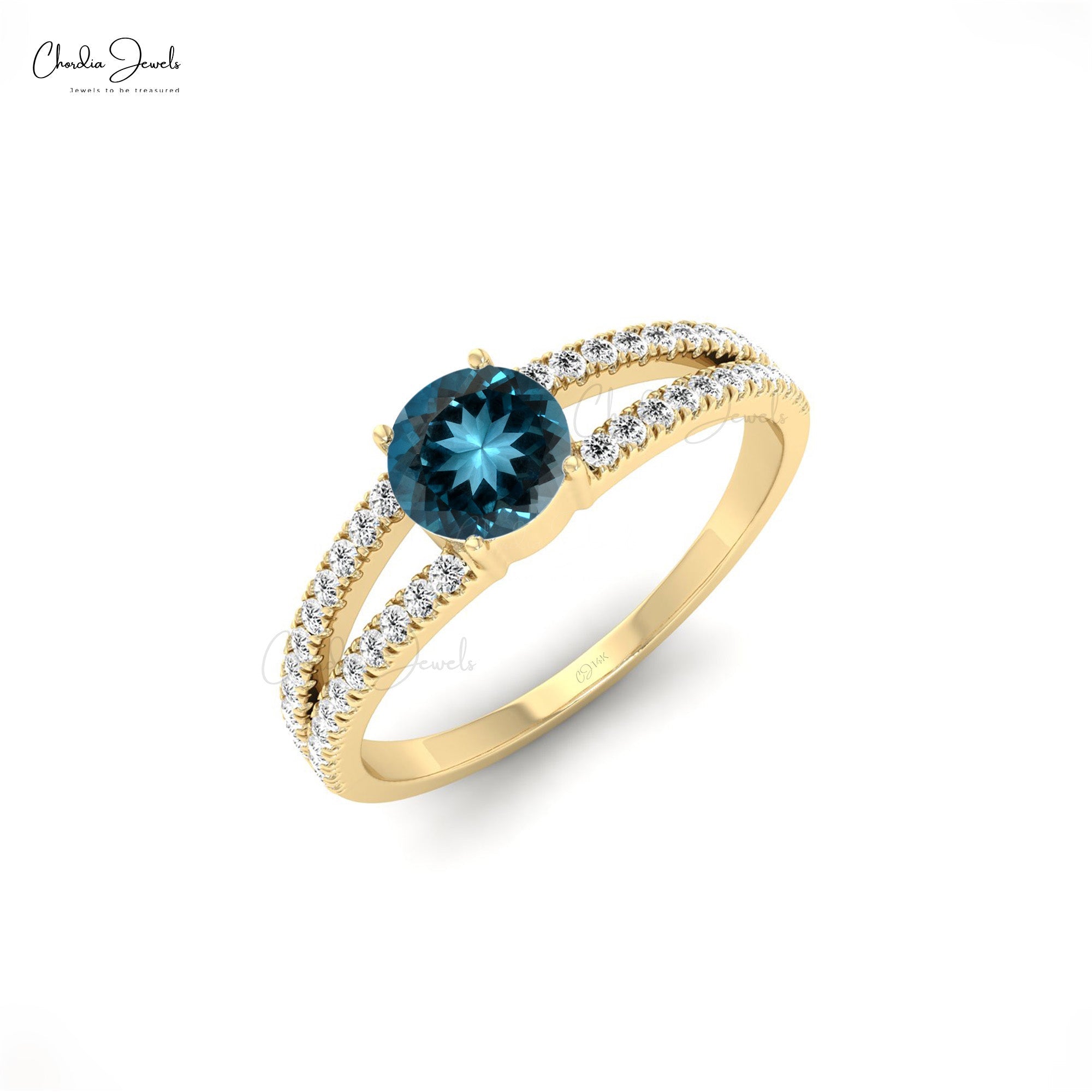 Classic 14k Solid Gold London Blue Topaz Split Shank Engagement Ring For Her