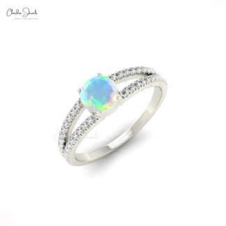 Round Opal 14k Gold Split Shank Engagement Ring With Diamonds