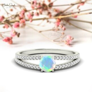 Round Opal 14k Gold Split Shank Engagement Ring With Diamonds