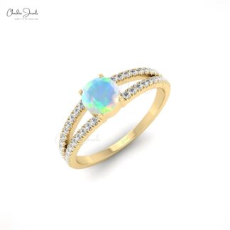 Round Opal 14k Gold Split Shank Engagement Ring With Diamonds