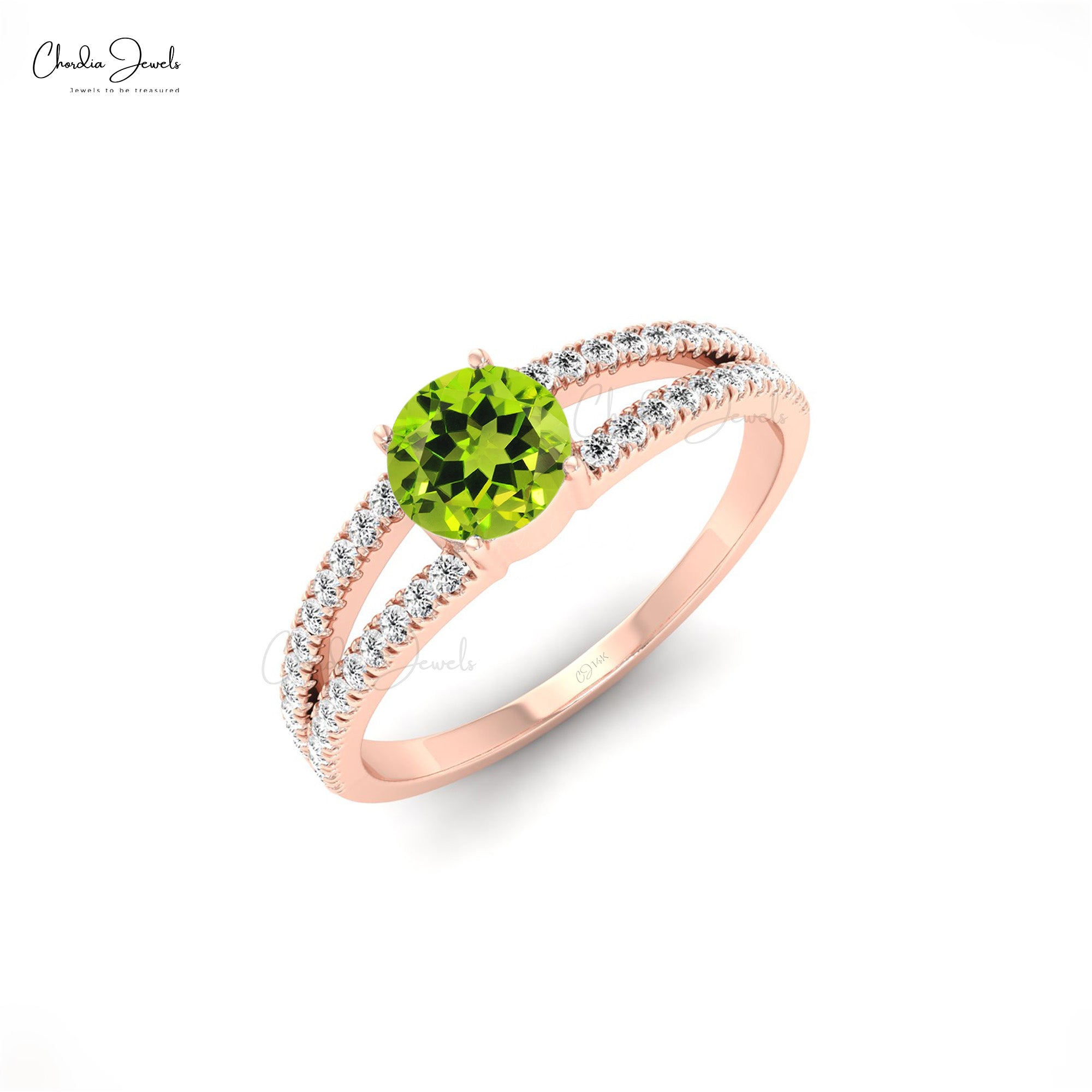 Real 14k Gold Split Shank Ring In 5mm Peridot Gemstone And Diamond Unique Rings For Her