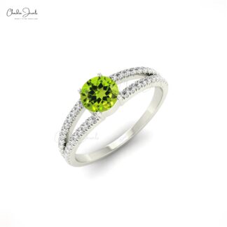 Real 14k Gold Split Shank Ring In 5mm Peridot Gemstone And Diamond Unique Rings For Her