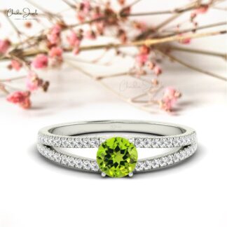Real 14k Gold Split Shank Ring In 5mm Peridot Gemstone And Diamond Unique Rings For Her