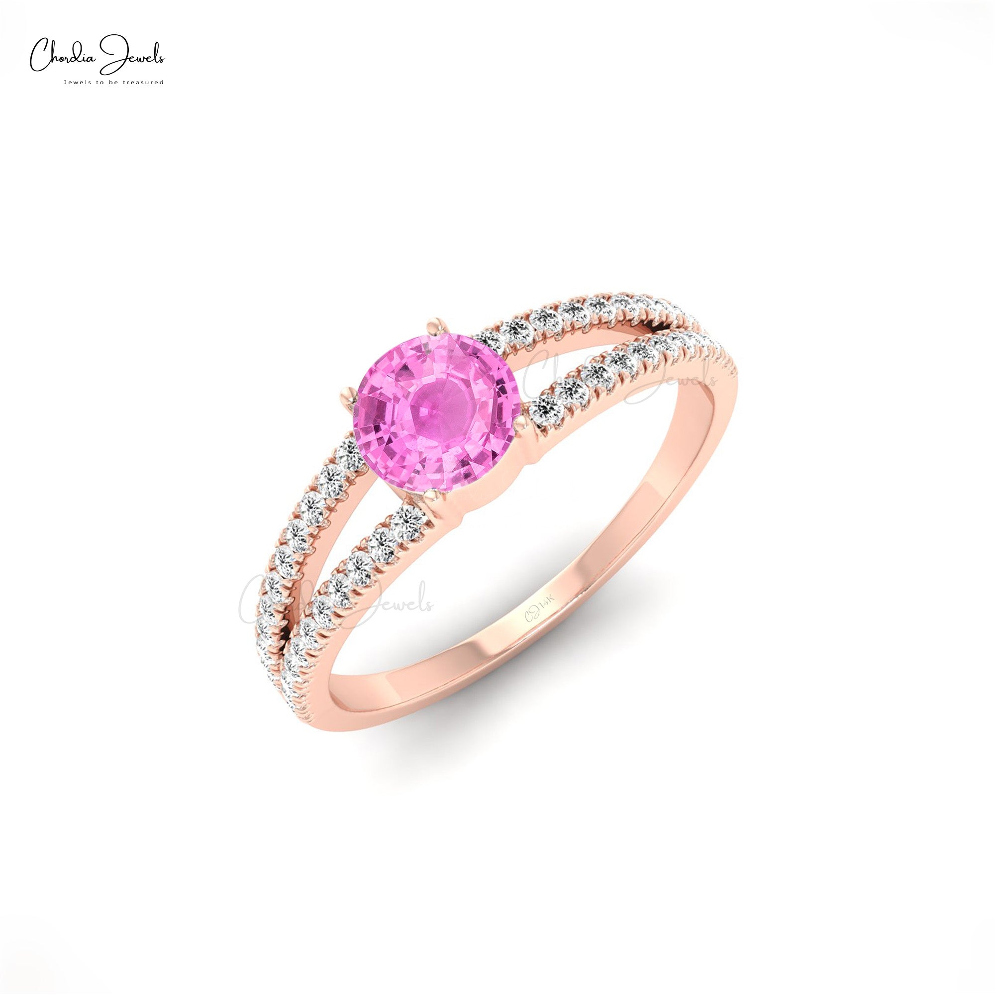 Brilliant Cut Split Shank Ring With 5mm Pink Sapphire And Diamond Promise Ring In 14k Gold