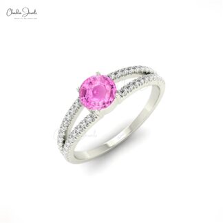 Brilliant Cut Split Shank Ring With 5mm Pink Sapphire And Diamond Promise Ring In 14k Gold