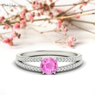 Brilliant Cut Split Shank Ring With 5mm Pink Sapphire And Diamond Promise Ring In 14k Gold