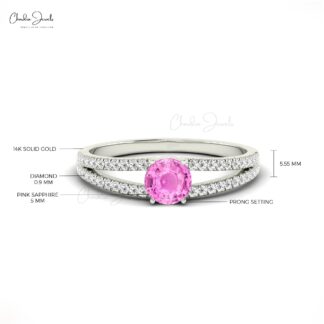 Brilliant Cut Split Shank Ring With 5mm Pink Sapphire And Diamond Promise Ring In 14k Gold