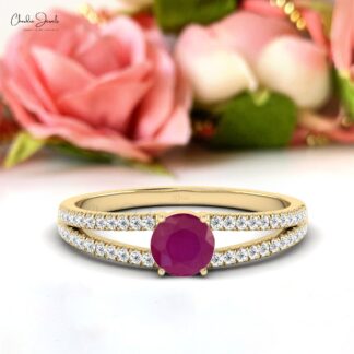 Prong-Set Ruby Split Shank Engagement Ring With Beaded Diamonds