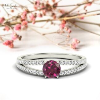 Natural Rhodolite Garnet Twin Shank Ring With G-H Diamond Bridal Jewelry In 14k Pure Gold