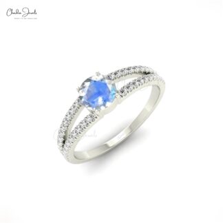 Two Birthstone Split Shank Ring With Round Moonstone And Diamond 14k Real Gold Wedding Ring