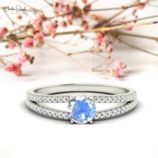 Two Birthstone Split Shank Ring With Round Moonstone And Diamond 14k Real Gold Wedding Ring