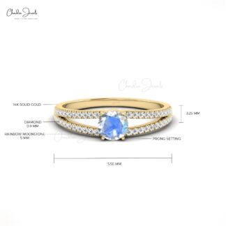 Two Birthstone Split Shank Ring With Round Moonstone And Diamond 14k Real Gold Wedding Ring