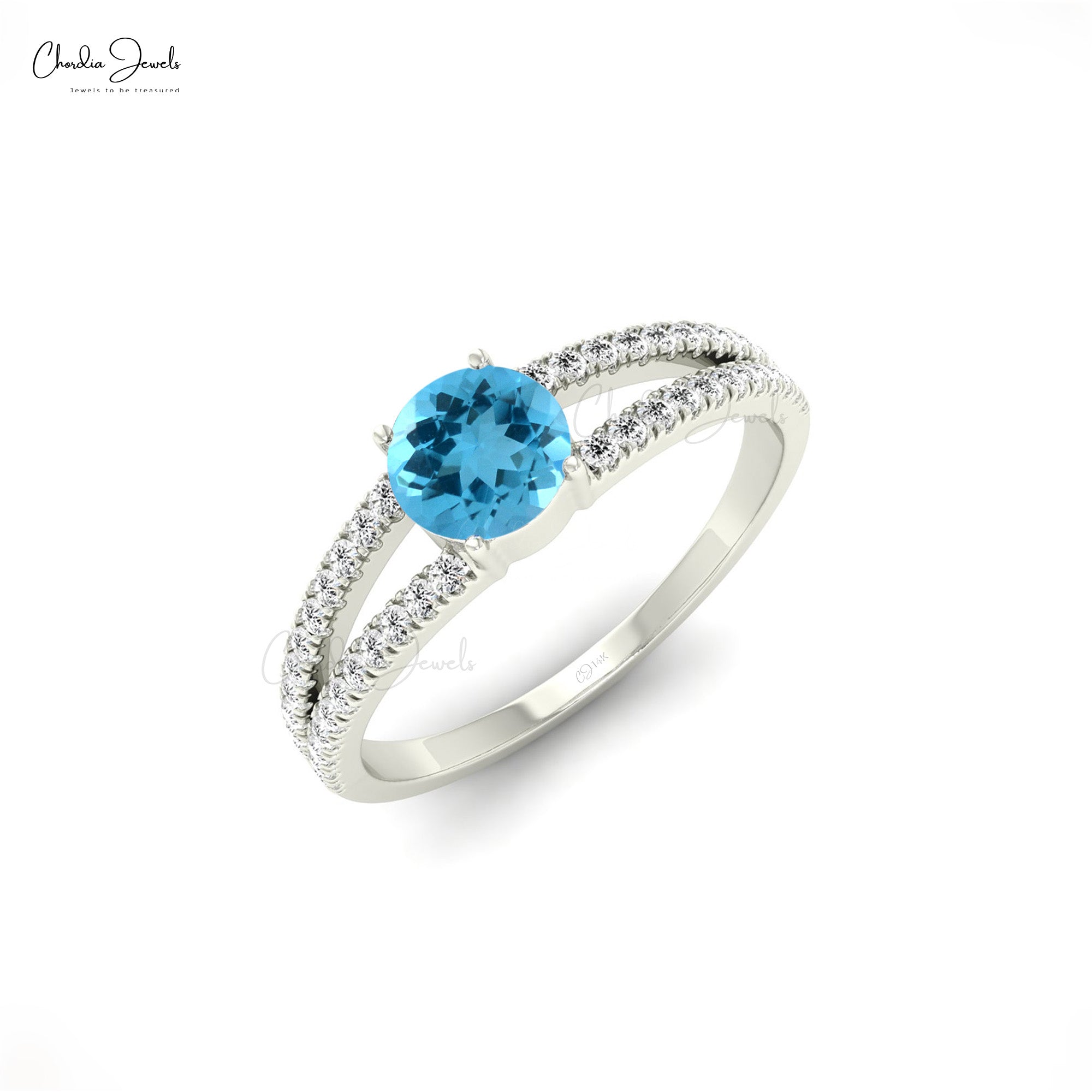 Round Cut Swiss Blue Topaz & White Diamond Wedding Ring in 14k Solid Gold Hallmark Jewelry