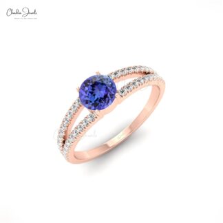 Split Shank Ring With Tanzanite & Diamond Accents 14k Solid Gold Prong Set Light Weight Ring
