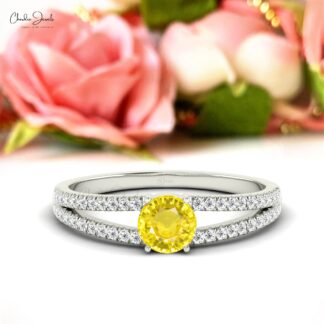 Solid 14k Gold Yellow Sapphire and Diamond Solitaire Ring for Engagement