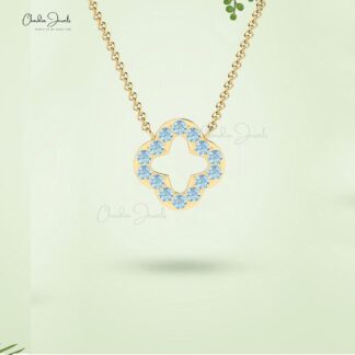 Gemstone Clover Necklace In 14k Real Gold Aquamarine March Birthstone Thin Chain Necklace