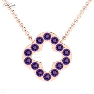 Open Clover Amethyst Necklace With 2mm Gemstone Pave Set In Pure 14k Gold Fine Jewelry