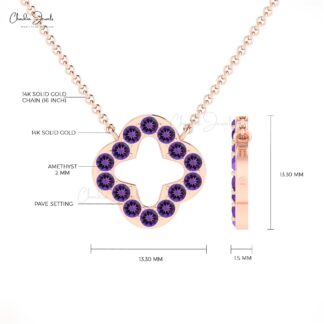 Open Clover Amethyst Necklace With 2mm Gemstone Pave Set In Pure 14k Gold Fine Jewelry