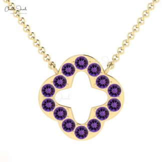 Open Clover Amethyst Necklace With 2mm Gemstone Pave Set In Pure 14k Gold Fine Jewelry