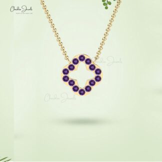 Open Clover Amethyst Necklace With 2mm Gemstone Pave Set In Pure 14k Gold Fine Jewelry