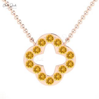 Natural Citrine Clover Necklace With Gemstone Pave Set In 14k Solid Gold Open Necklaces