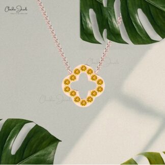 Natural Citrine Clover Necklace With Gemstone Pave Set In 14k Solid Gold Open Necklaces