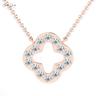 Open Clover Chain Necklace In 14k Real Gold White Diamond 2mm Pave Set Necklaces For Her