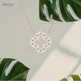 Open Clover Chain Necklace In 14k Real Gold White Diamond 2mm Pave Set Necklaces For Her
