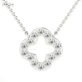 Open Clover Chain Necklace In 14k Real Gold White Diamond 2mm Pave Set Necklaces For Her