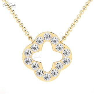 Open Clover Chain Necklace In 14k Real Gold White Diamond 2mm Pave Set Necklaces For Her