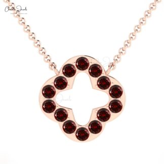 Natural Red Garnet Open Clover Necklace In Real 14k Gold Round Cut Hallmarked Necklaces
