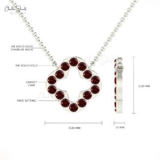 Natural Red Garnet Open Clover Necklace In Real 14k Gold Round Cut Hallmarked Necklaces