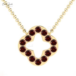 Natural Red Garnet Open Clover Necklace In Real 14k Gold Round Cut Hallmarked Necklaces