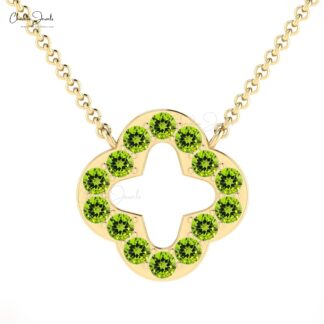 Delicate Open Clover Necklace With 0.70 Ct Peridot Pave Thin Chain Necklace In 14k Gold