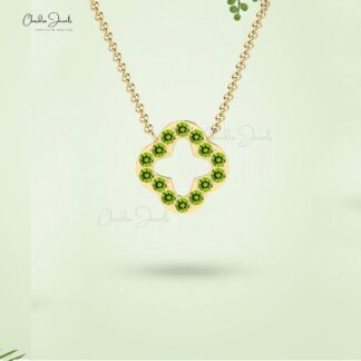Delicate Open Clover Necklace With 0.70 Ct Peridot Pave Thin Chain Necklace In 14k Gold
