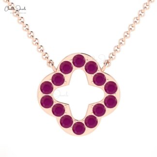Real 14k Gold Open Clover Necklace With 0.42 Ct Burma Ruby July Birthstone Chain Necklace