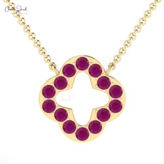 Real 14k Gold Open Clover Necklace With 0.42 Ct Burma Ruby July Birthstone Chain Necklace