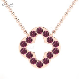 Dainty Gemstone Chain Necklace In 14k Pure Gold Rhodolite Garnet Open Clover Necklaces
