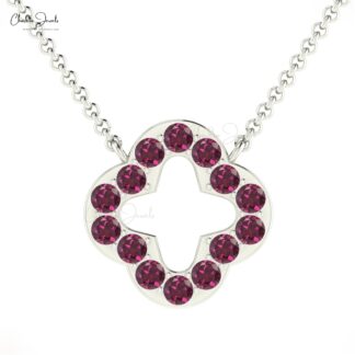 Dainty Gemstone Chain Necklace In 14k Pure Gold Rhodolite Garnet Open Clover Necklaces