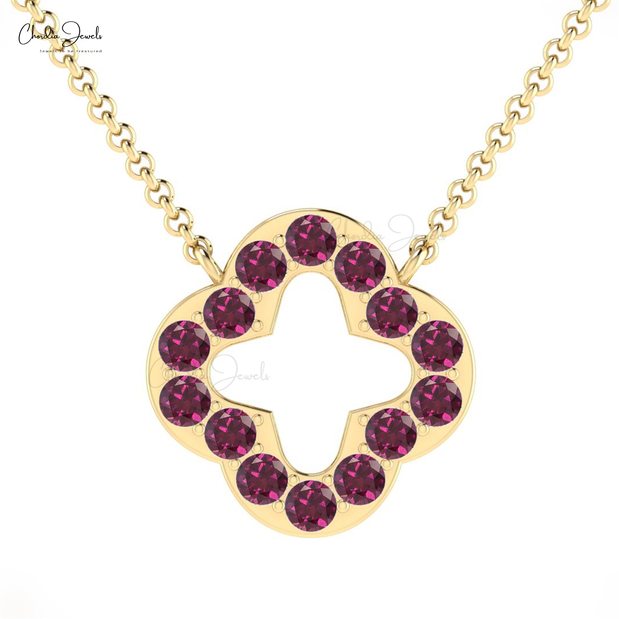Dainty Gemstone Chain Necklace In 14k Pure Gold Rhodolite Garnet Open Clover Necklaces